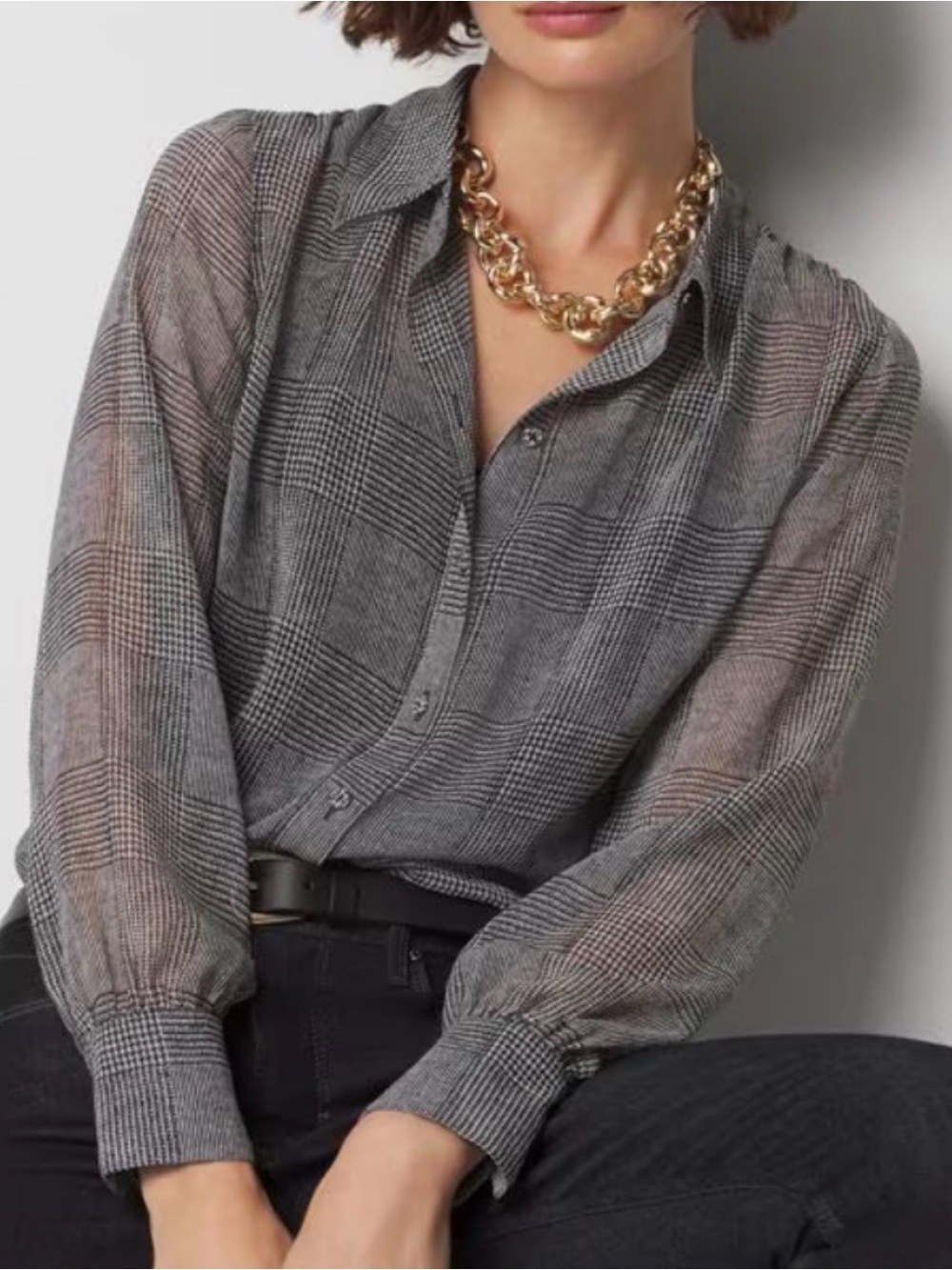 White House Black Market Glen Plaid Sheer Button-Down Blouse | Size Large